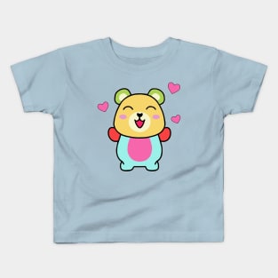 Happy smiling baby teddy bear with love hearts. Kawaii cartoon Kids T-Shirt